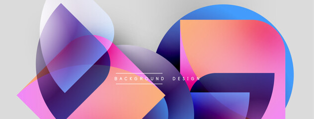 Aufkleber - Abstract geometric shapes overlap, creating vibrant color gradients. Design features circles, squares, triangles, smooth transitions. Background is light gray.
