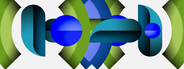 Poster - Abstract design features repeating curved shapes. Blue, green hues dominate composition. Geometric forms create dynamic visual rhythm.