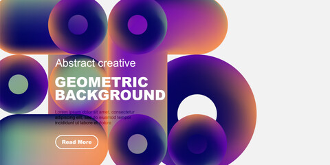 Fototapete - Vibrant geometric shapes overlap, creating abstract background. Text promotes creative design, inviting further exploration.