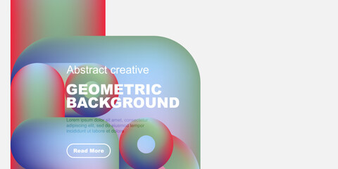 Fototapete - Abstract shapes overlap, creating vibrant colorful background. Text promotes geometric design, includes call to action button.