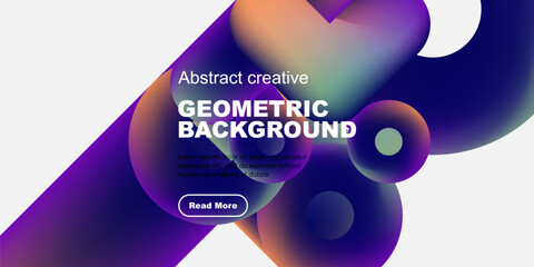 Fototapete - Dynamic abstract shapes overlap black background. Vibrant colors blend, creating modern geometric design. Text promotes further exploration.