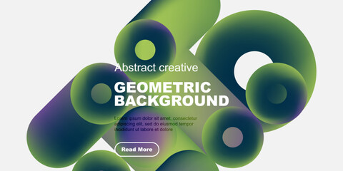 Poster - Abstract geometric background features vibrant green, purple shapes. Text promotes creative design, includes read more button. Simple, modern aesthetic.