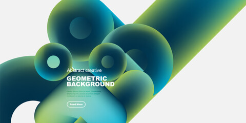 Fototapete - Abstract geometric shapes overlap, creating vibrant blue, green gradients. Minimalist design with text overlay, modern aesthetic.