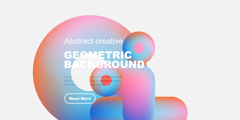 Poster - Abstract geometric shapes, vibrant colors, modern design. Text overlay includes geometric background, plus sample text, button. Minimalist aesthetic.