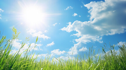Wall Mural - green field and blue sky. field and clouds