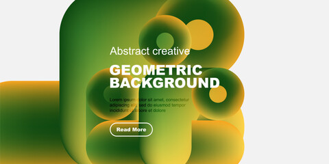 Fototapete - Abstract geometric background features fluid shapes, vibrant greens, yellows. Text overlay promotes further exploration. Modern design.