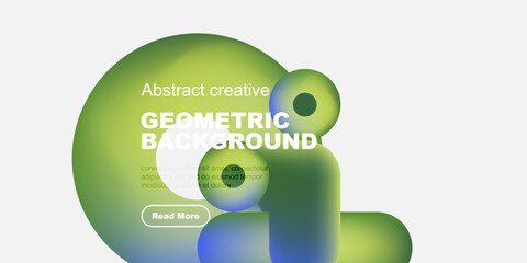 Poster - Abstract geometric background features vibrant green, blue hues. Text overlay promotes content with read more button. Minimalist design.