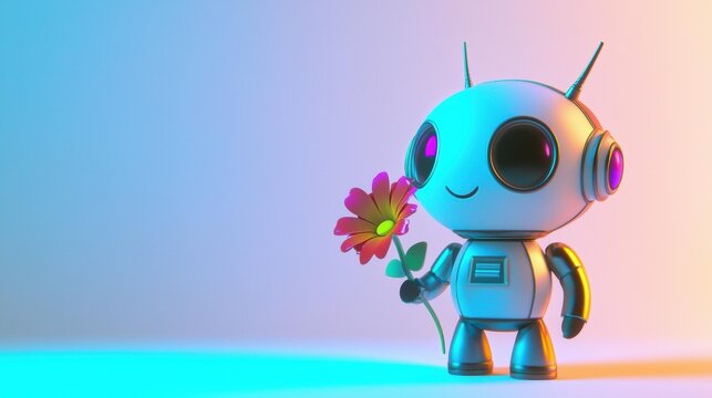 A cute robot holding a flower. AI.