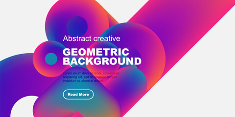 Poster - Vibrant abstract shapes dominate black background. Text promotes geometric design, includes read more button. Modern, colorful composition.