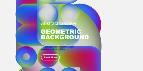 Poster - Vibrant abstract geometric background. Colorful shapes overlap, creating modern design. Text present, button visible.