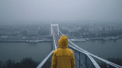 Person in yellow rain gear, back to camera, looking out over city bridge