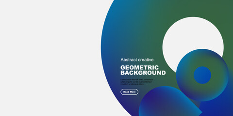 Poster - Abstract design features geometric shapes, vibrant blue gradients, white space. Text reads geometric background, includes call to action.