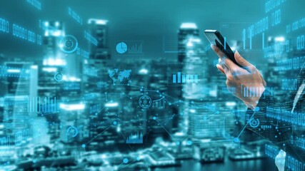 Poster - A modern businessman interacts with a smartphone surrounded by digital data visualization and a dynamic city skyline, showcasing technology and innovation. Xenic