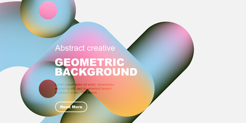 Poster - Abstract shapes, vibrant colors, geometric design. Modern background with text overlay, button included. Minimalist aesthetic.