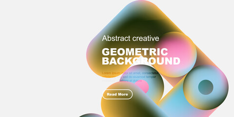 Poster - Vibrant abstract shapes overlap white, black space. Text details geometric background, includes call to action button.