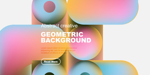 Poster - Vibrant geometric shapes overlap black background. Gradient colors create modern design, text promotes further exploration.
