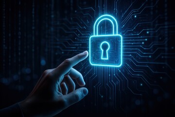 Poster - Cybersecurity Touch: A digital padlock glows as a finger touches a screen, symbolizing network security and data protection, offering a sense of assurance.