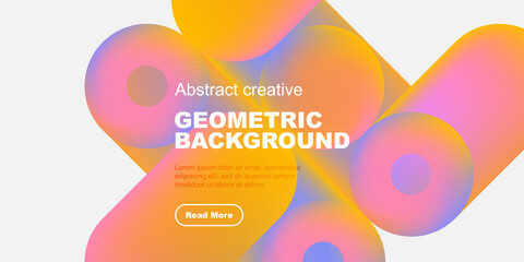 Poster - Vibrant abstract shapes overlap white space. Text promotes geometric background design, includes read more button. Modern, colorful composition.