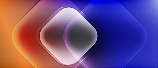 Fototapete - Abstract composition featuring layered squares, gradients transitioning from orange to purple, blue hues. Soft lighting creates luminous effect.