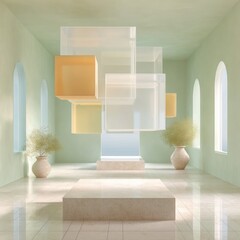 Aufkleber - Modern Minimalist Interior with Floating Transparent Cubes Premium Architectural Visualization for Contemporary Lifestyle Marketing and Design Editorial