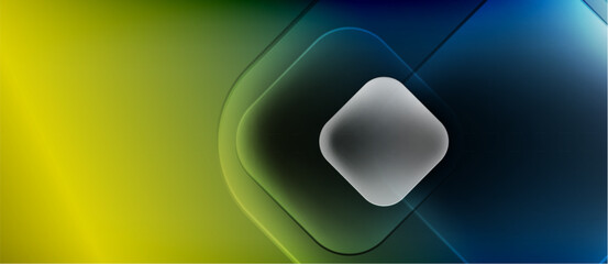 Poster - Abstract composition features vibrant yellow, blue gradients. Geometric shapes overlap creating depth, light effects. Modern design.