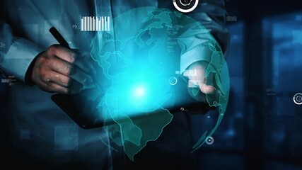 Poster - A business professional uses a digital tablet to analyze global data trends while interacting with a glowing globe in a modern office setup, symbolizing technology and connectivity. Xenic