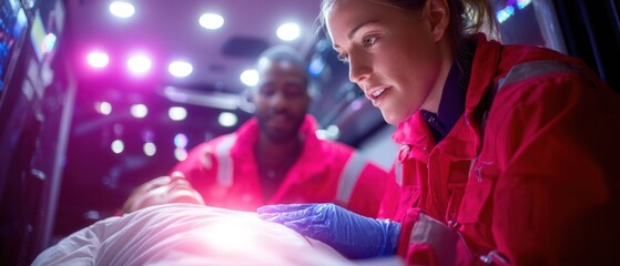Leinwandbilder - Professional Paramedic Performing Ultrasound Scan in Ambulance Premium Emergency Medical Care for Modern Healthcare Marketing and Social Media Campaigns