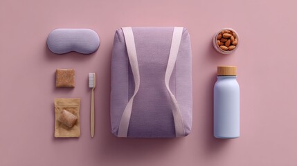 Leinwandbilder - Modern Premium Travel Essentials Set with Hydration Pack, Sleep Mask, Toothbrush, Water Bottle, and Snacks for Organized Adventurous Millennials Marketing Content