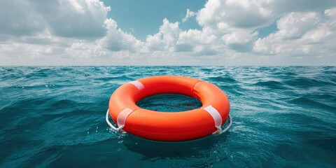 Leinwandbilder - Premium storm alert life ring floating on ocean waves with cloudy sky, modern safety concept for rescue, emergency, and lifesaving campaigns