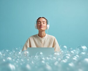 Leinwandbilder - Modern young woman enjoying calm mindfulness with headphones at laptop premium lifestyle content for wellness marketing and digital editorial use