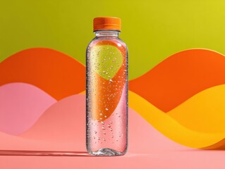 Leinwandbilder - Modern Clear Water Bottle with Droplets and Orange Cap Premium Hydration Reminder for Young Professionals Lifestyle and Health Marketing Content