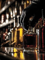 Leinwandbilder - Professional Retail Security Concept Showing Gloved Hand Stealing Alcohol Bottle with Magnetic RF Tag for Theft Prevention and Asset Protection Campaigns