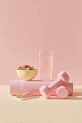 Leinwandbilder - Modern Personalized Wellness Setup with Dumbbells Salad and Water Glass for Millennial Fitness and Lifestyle Marketing Content