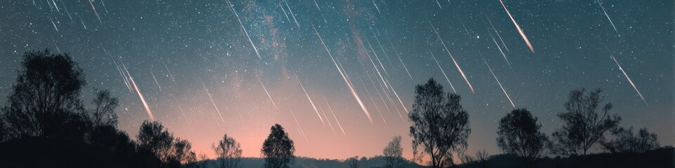 Leinwandbilder - Premium Meteor Shower Night Sky with Silhouetted Trees Authentic Celestial Event Scene for Young Professionals Social Media and Marketing Campaigns