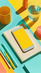 Leinwandbilder - Modern Smartphone on Notebook with Colorful Stationery Flat Lay Premium Workspace Content for Creative Professionals and Social Media Branding