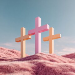 Leinwandbilder - Premium Three Crosses on Pink Hill Landscape at Sunset Modern Religious Faith Concept for Inspirational Social Media and Marketing Campaigns