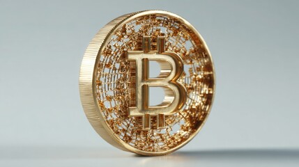 Poster - Artistic depiction of a bitcoin coin set against a minimalist grid background emphasizing digital currency trends