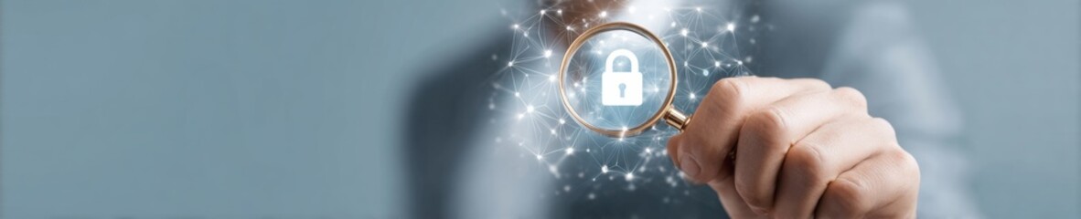 Leinwandbilder - Professional Cybersecurity Vulnerability Scan with Magnifying Glass on Digital Padlock Icon Modern Business Data Safety for Confident Corporate Marketing