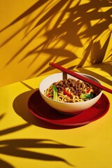 Leinwandbilder - Modern Authentic Chinese Noodles with Meat and Vegetables in Studio Shot Premium High-Quality Food Content for Social Media and Advertising Campaigns