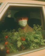Leinwandbilder - Authentic Senior Man Wearing Mask in Taxi with Walking Cane Premium Urban Healthcare and Travel Safety Content for Responsible Social Media Campaigns