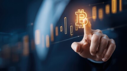 Poster - Individual interacting with highlighted bitcoin icon on digital dashboard signifying cryptocurrency breakout trend