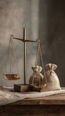 Leinwandbilder - Professional Financial Risk Management Concept with Classic Balance Scale and Money Bags Authentic Investment Evaluation for Business Marketing Content