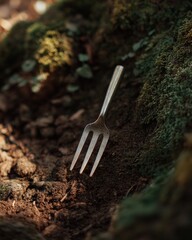 Poster - Premium Authentic Hugelkultur Garden Compost Fork Handle in Sunlit Forest Mound Earthy Rustic Lifestyle Content for Eco-Friendly Marketing Campaigns