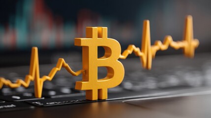 Poster - Golden bitcoin symbol illuminated on laptop with financial charts and graphs displayed on screen in modern workspace