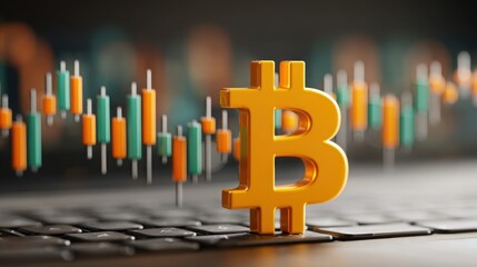 Poster - Shining golden bitcoin coin resting on laptop keyboard with financial data and analytical tools in a professional setting