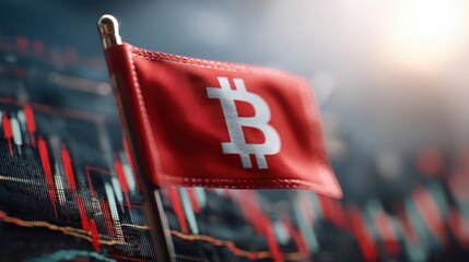 Poster - Bold red flag featuring bitcoin as a vanguard signal on cryptocurrency chart indicating market trends