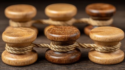 Poster - Collection of wooden knobs arranged to represent a visual strategy board for business futures and planning concepts