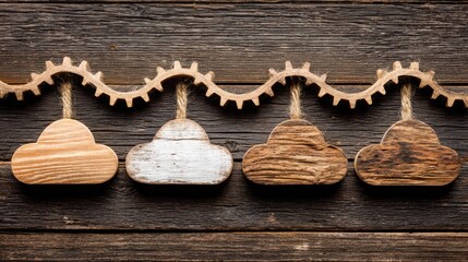 Poster - Row of various sized wooden pieces representing a visual strategy board for business futures and development concepts