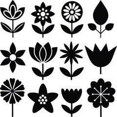 Poster - Collection of nine black floral silhouettes isolated on transparent background