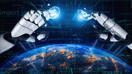 Poster - A captivating illustration of two robotic hands reaching toward a digital Earth, surrounded by swirling binary code, symbolizing the intersection of technology and connectivity. Xenic